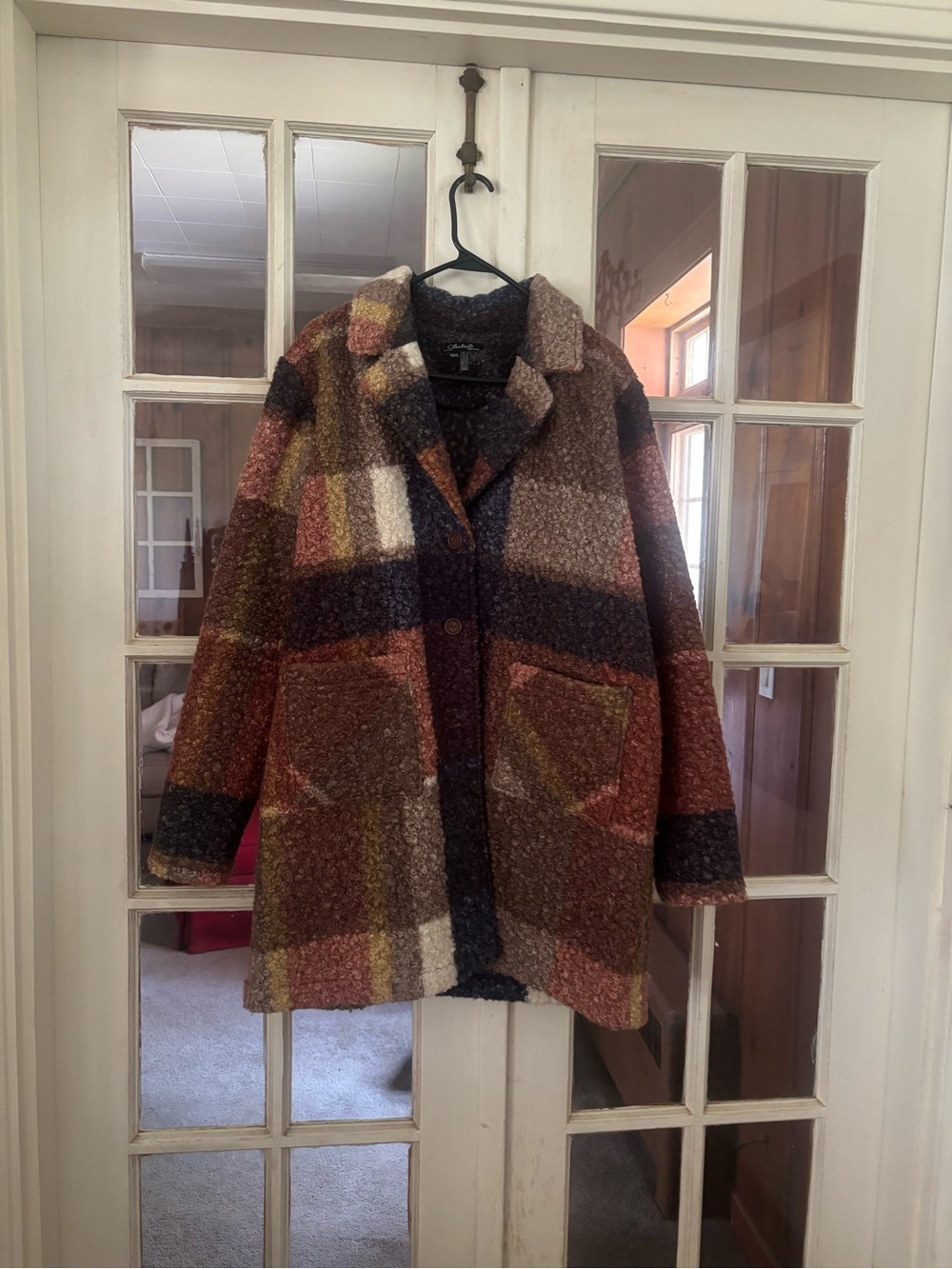 CHARLIE B Multi-Color Plaid Teddy Jacket in Brown, Rust, Cream, Gray